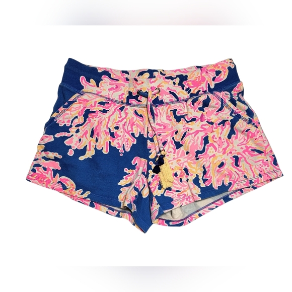 Lilly Pulitzer Yasmin Coral Print Brilliant Blue Tassel Drawstring Shorts S - Picture 1 of 10